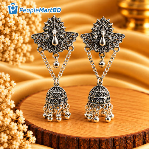 ফ্লোরাল ভি-চেইন অক্সিডাইজড ঝুমকা – Floral V-Chain Oxidized Jhumka Earrings