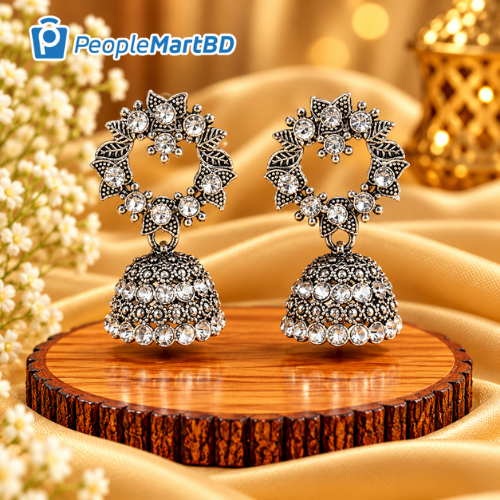 ফ্লোরাল অক্সিডাইজড ক্রিস্টাল ঝুমকা দুল – Floral Oxidised Crystal Jhumka Earrings
