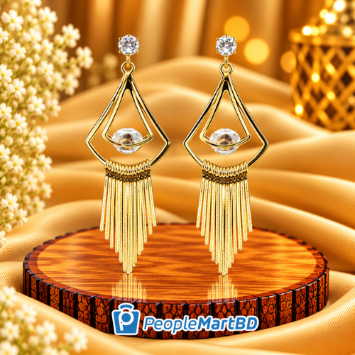গোল্ডেন জিওমেট্রিক ক্রিস্টাল ট্যাসেল দুল – Gold Geometric Crystal Tassel Earrings