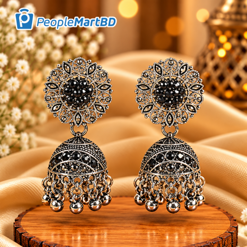 ব্ল্যাক ফ্লোরাল অক্সিডাইজড ঝুমকা দুল – Black Floral Oxidised Jhumka Earrings