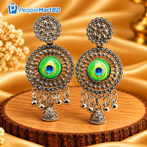 গ্রিন পিকক আই অক্সিডাইজড দুল – Green Peacock Eye Oxidized Drop Earrings