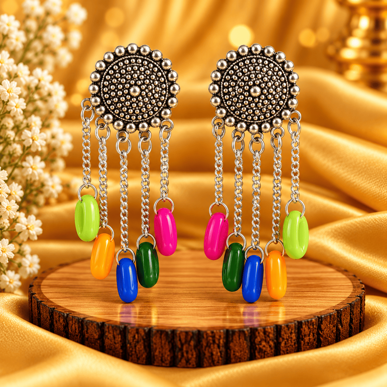রঙিন ঝুল চেইন অক্সিডাইজড দুল – Colorful Beaded Chain Oxidized Earrings