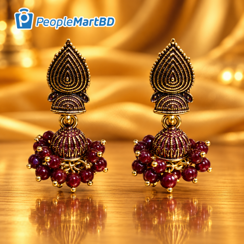 মেরুন বিডেড গোল্ডেন ঝুমকা দুল – Maroon Beaded Golden Jhumka Earrings