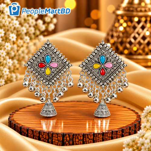 মাল্টিকালার ফ্লোরাল অক্সিডাইজড ঝুমকা দুল – Multicolor Floral Oxidised Jhumka Earrings