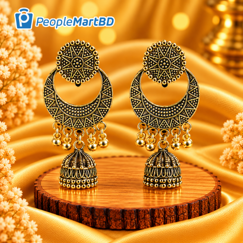 ব্ল্যাক গোল্ডেন সার্কেল ঝুমকা দুল – Black Golden Circle Jhumka Earrings