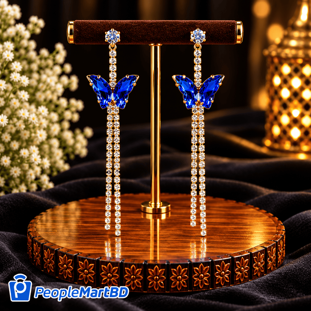 নীল বাটারফ্লাই ক্রিস্টাল লং দুল – Blue Butterfly Crystal Long Drop Earrings