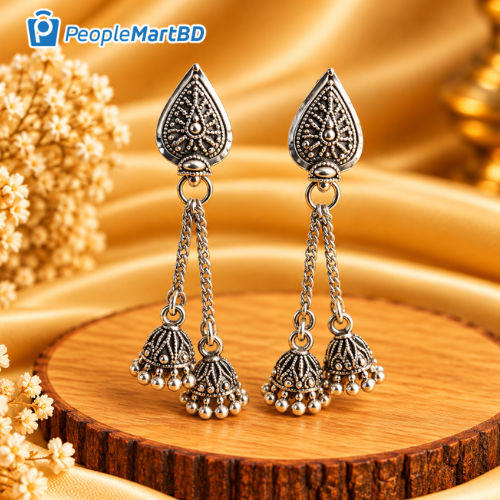 টিয়ারড্রপ ডাবল চেইন ঝুমকা – Teardrop Double Chain Oxidized Jhumka Earrings