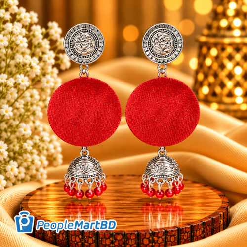 লাল ফ্যাব্রিক ঝুমকা দুল – Red Fabric Jhumka Drop Earrings