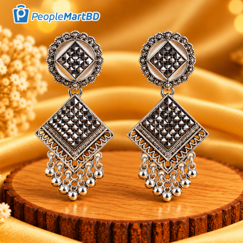 জিওমেট্রিক মিরর ওয়ার্ক অক্সিডাইজড দুল – Geometric Mirror Work Oxidized Earrings