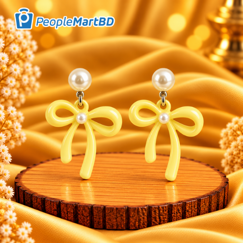 ইয়েলো বো পার্ল দুল – Yellow Bow Pearl Drop Earrings