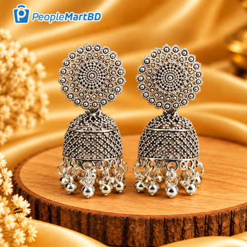 রাউন্ড ফ্লোরাল অক্সিডাইজড ঝুমকা – Round Floral Oxidized Dome Jhumka Earrings