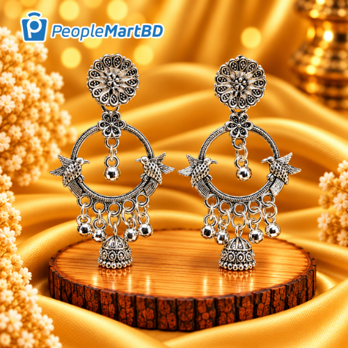বার্ড মোটিফ ফ্লোরাল হুপ ঝুমকা দুল – Bird Motif Floral Hoop Jhumka Earrings