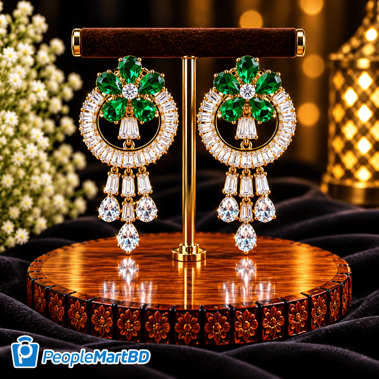 এমেরাল্ড গ্রিন ফ্লোরাল ক্রিস্টাল দুল – Emerald Green Floral Crystal Chandelier Earrings