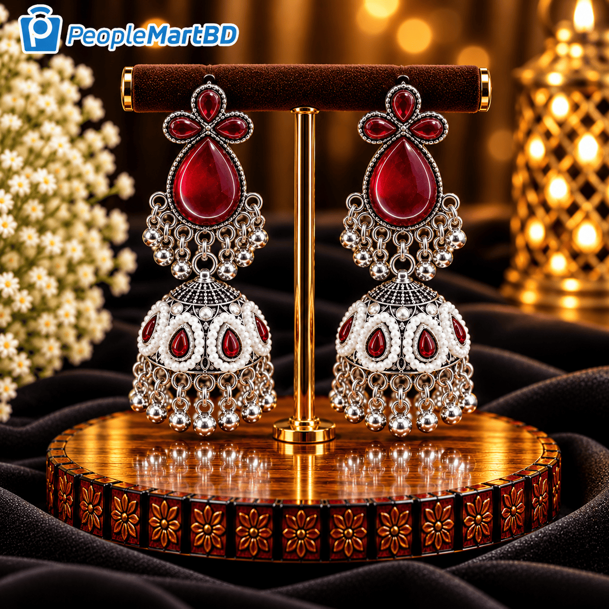 রুবি রেড পার্ল চ্যান্ডেলিয়ার ঝুমকা – Ruby Red Pearl Chandelier Jhumka Earrings
