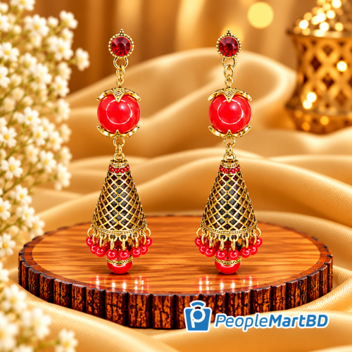 রেড স্টোন কন ঝুমকা দুল – Red Stone Cone Jhumka Earrings