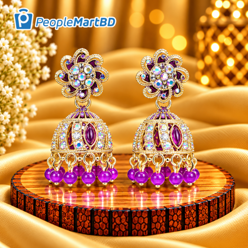 পার্পল ক্রিস্টাল বিডেড ঝুমকা দুল – Purple Crystal Beaded Jhumka Earrings