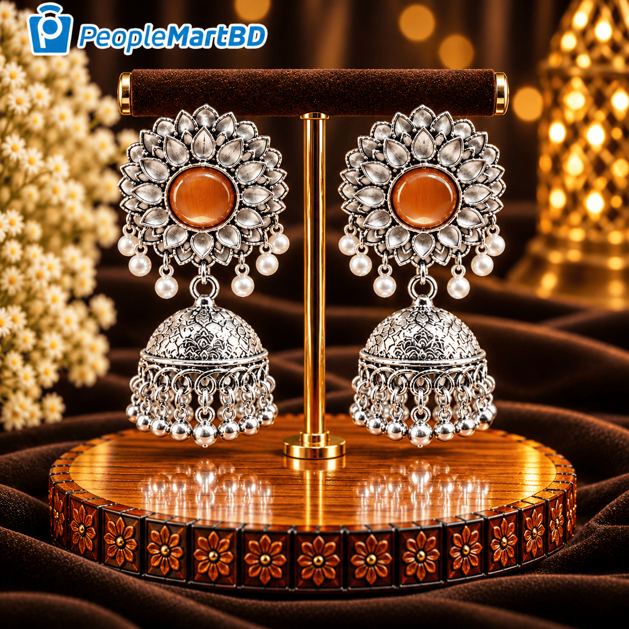 অরেঞ্জ স্টোন ফ্লোরাল ঝুমকা দুল – Orange Stone Floral Oxidised Jhumka Earrings