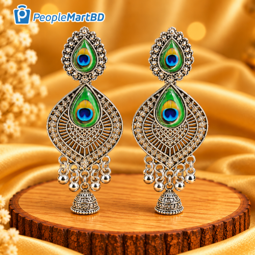 ময়ূর পালক অক্সিডাইজড ঝুমকা দুল – Peacock Feather Oxidized Jhumka Earrings