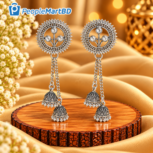 গোল ফ্লোরাল লং চেইন ঝুমকা দুল – Round Floral Long Chain Oxidised Jhumka Earrings