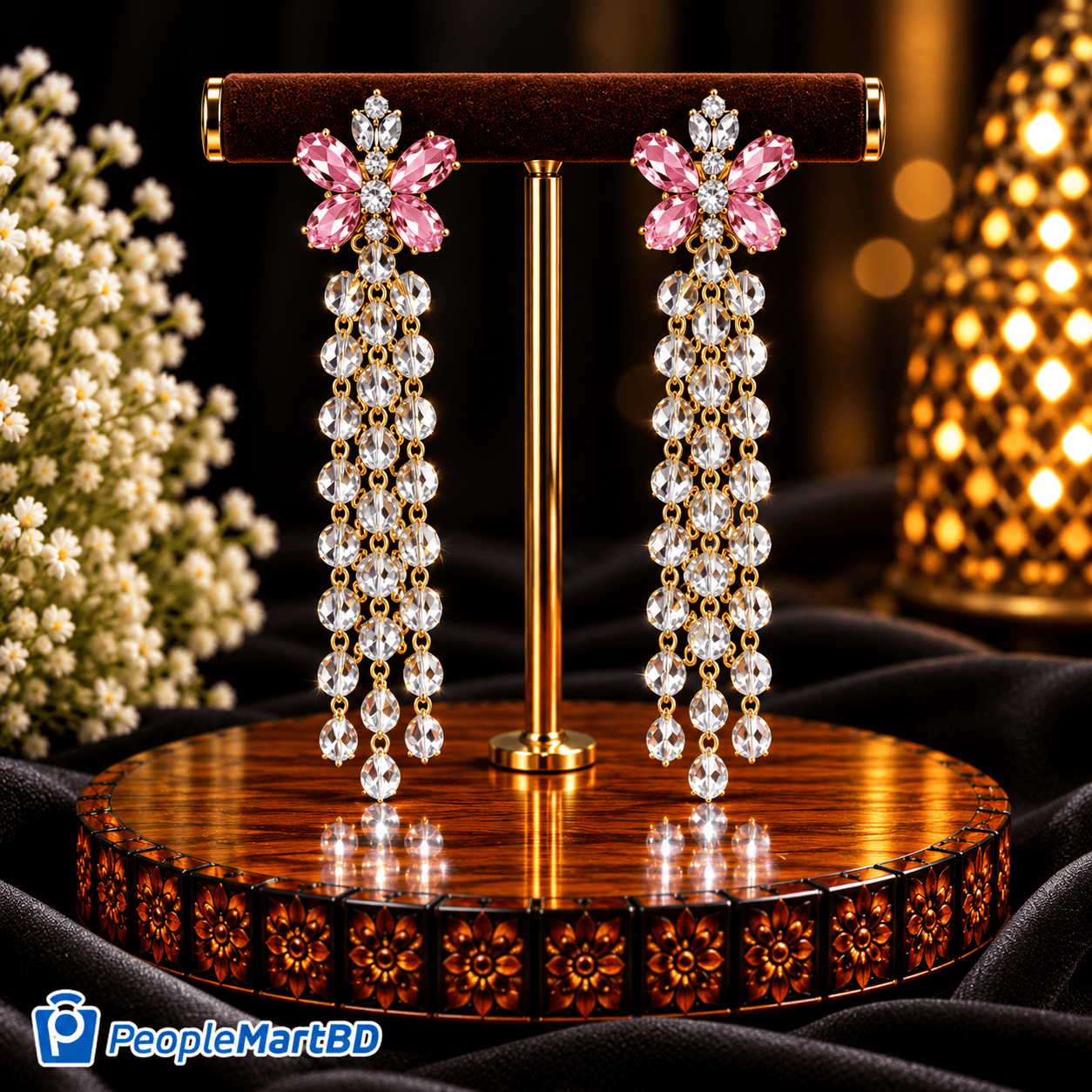 পিংক ডায়মন্ড কাট ফ্লাওয়ার দুল – Pink Diamond Cut Flower Chandelier Earrings