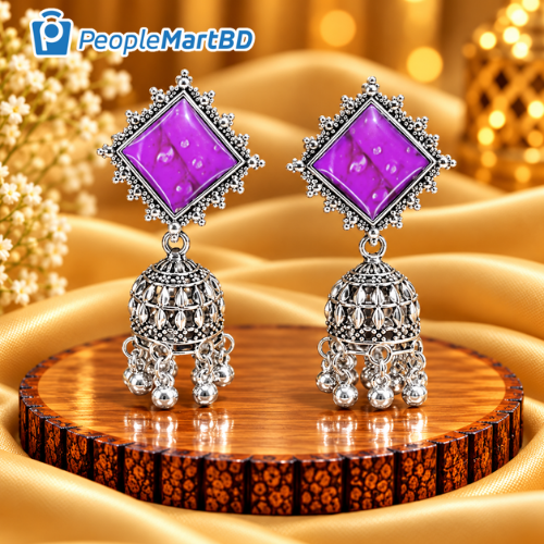 পার্পল স্কয়ার অক্সিডাইজড ঝুমকা – Purple Square Stone Oxidised Jhumka Earrings