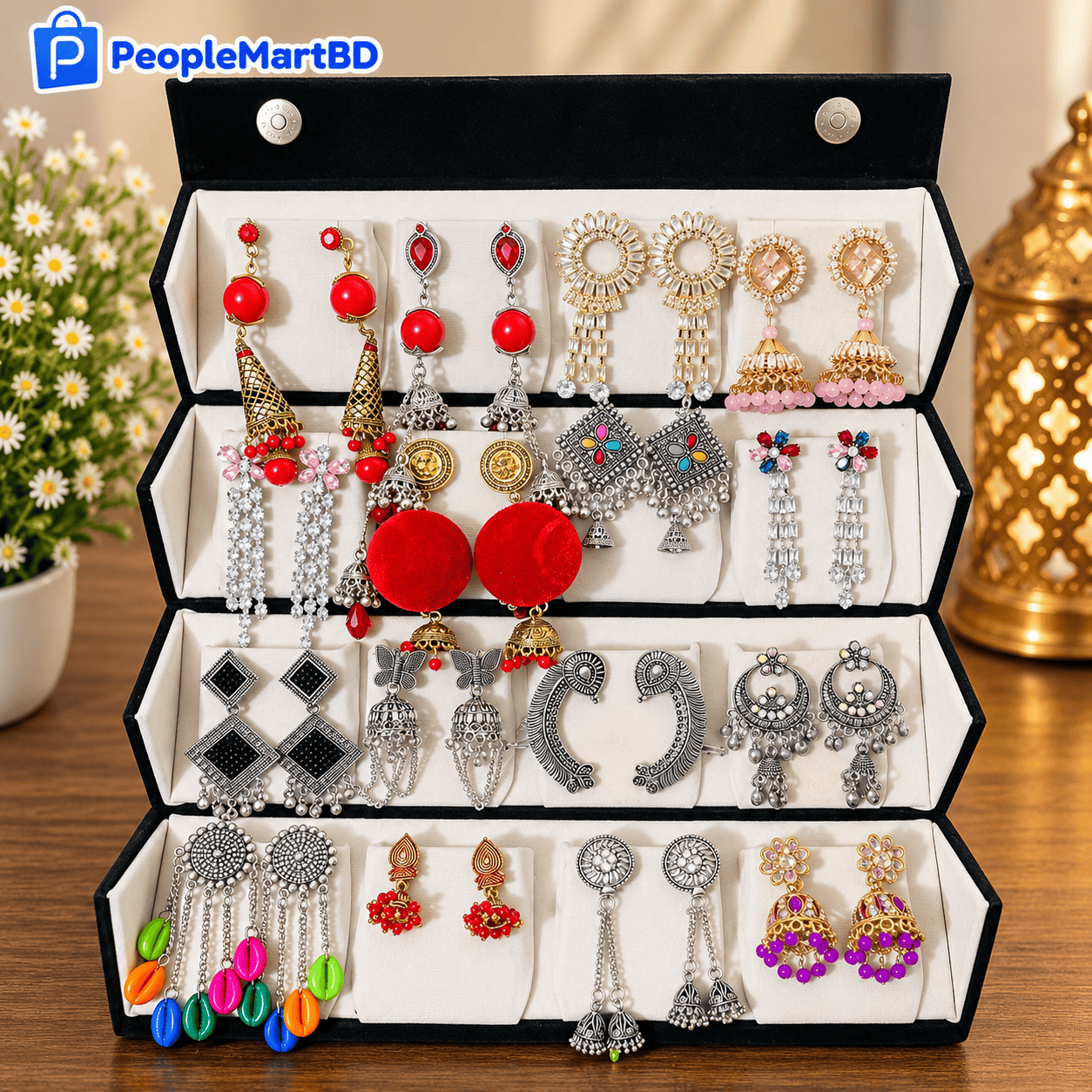 ১৬ জোড়া ঝুমকা বক্স কম্বো – 16 Pairs Jhumka Earrings Combo Box Set