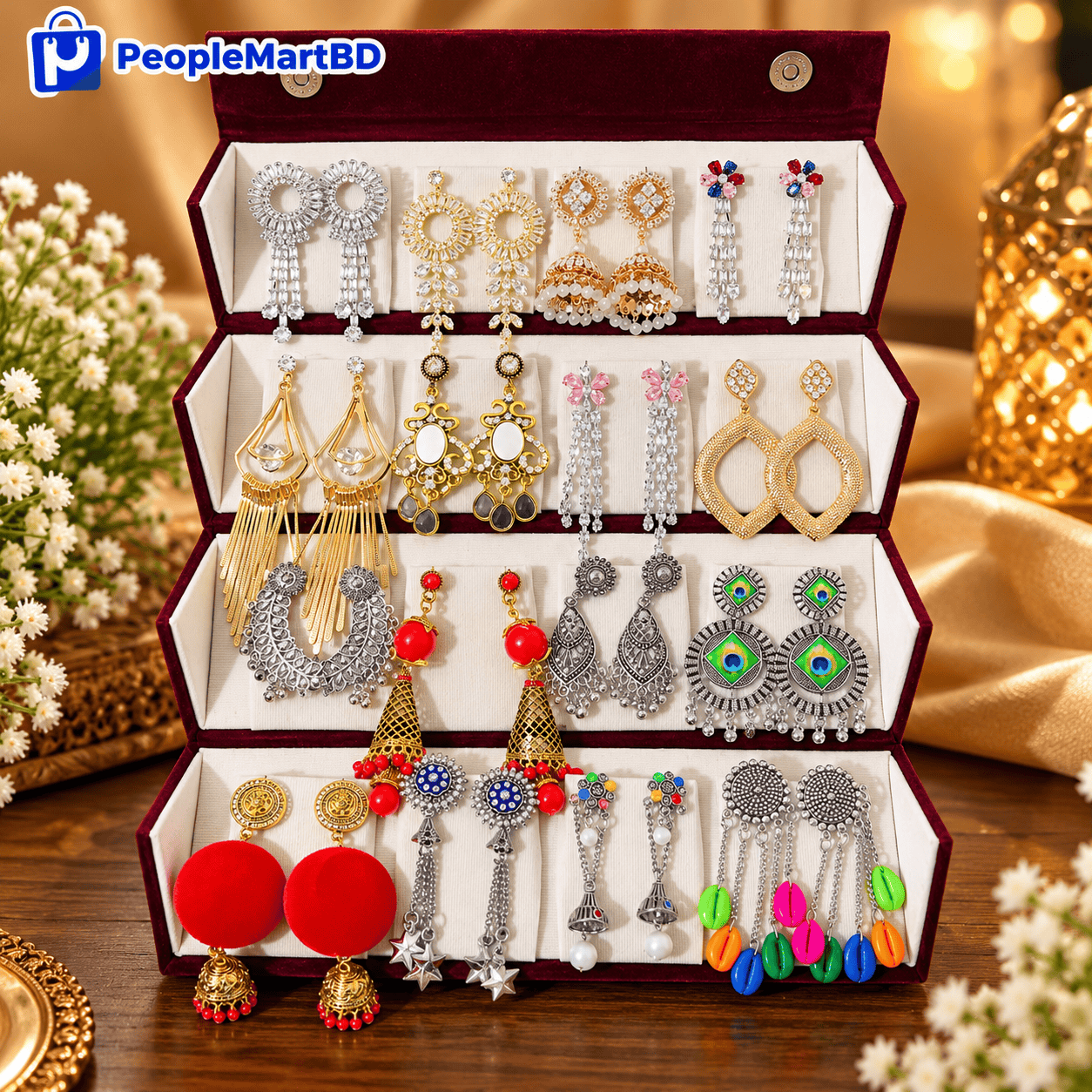১৬ জোড়া ঝুমকা বক্স কম্বো – 16 Pairs Jhumka Earrings Combo Box Set