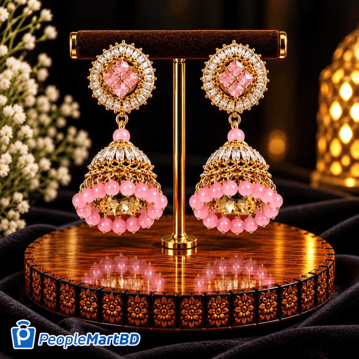 পিঙ্ক পার্ল গোল্ডেন ঝুমকা দুল – Pink Pearl Gold-Tone Jhumka Earrings