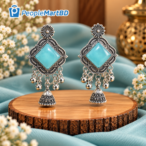 টারকোয়েজ স্কয়ার ঝুমকা দুল – Turquoise Square Oxidised Jhumka Earrings