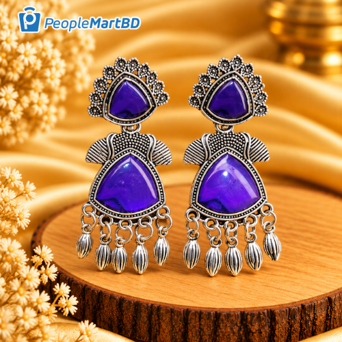 পার্পল ট্রায়াঙ্গেল অক্সিডাইজড ড্রপ দুল – Purple Triangle Oxidized Drop Earrings