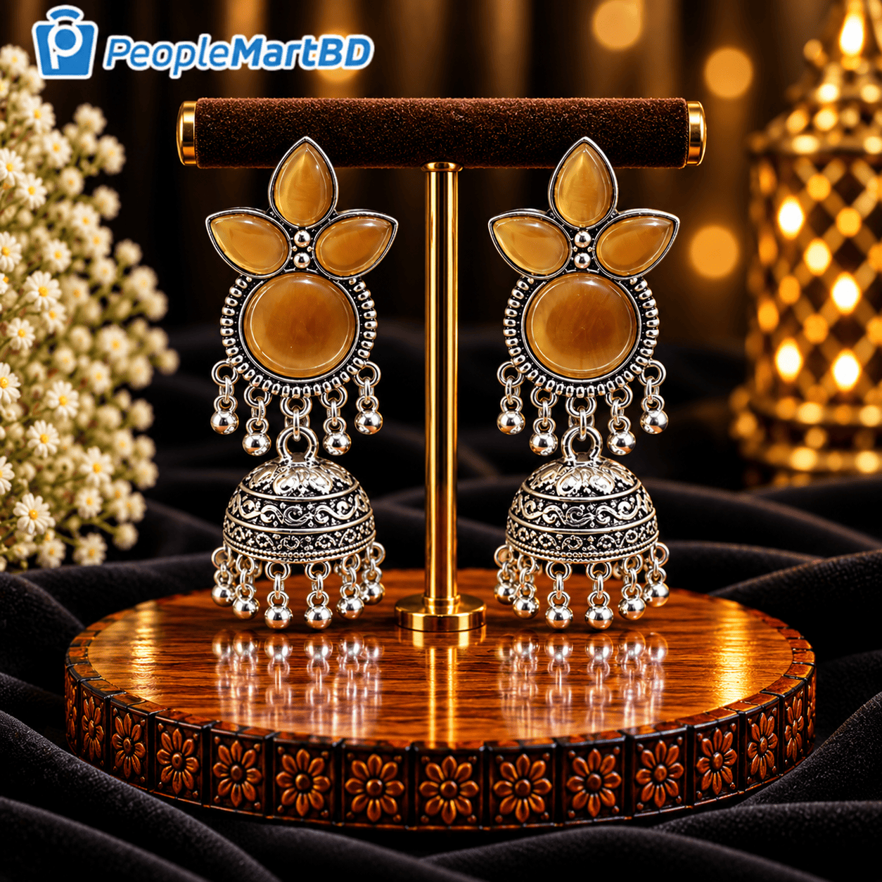অ্যাম্বার ফ্লোরাল ঝুমকা দুল – Amber Floral Oxidised Jhumka Earrings