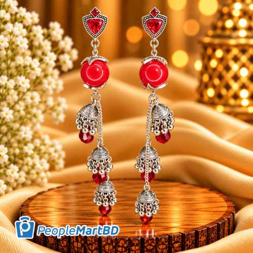 লাল ক্রিস্টাল মাল্টি-লেয়ার ঝুমকা দুল – Red Crystal Multi-Layer Jhumka Chandelier Earrings