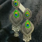 Peacock Feather Oxidized Jhumka Earrings