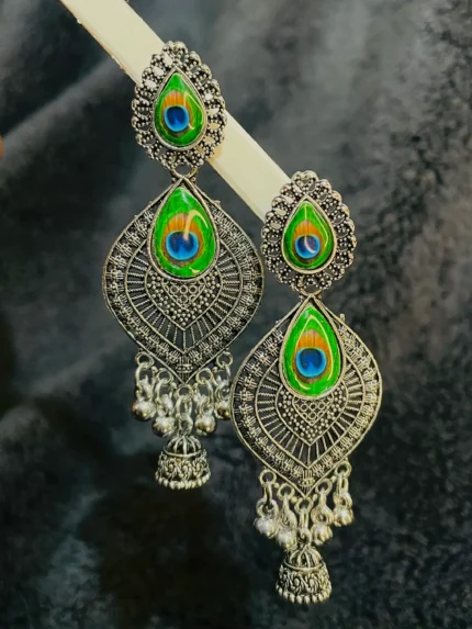 Peacock Feather Oxidized Jhumka Earrings