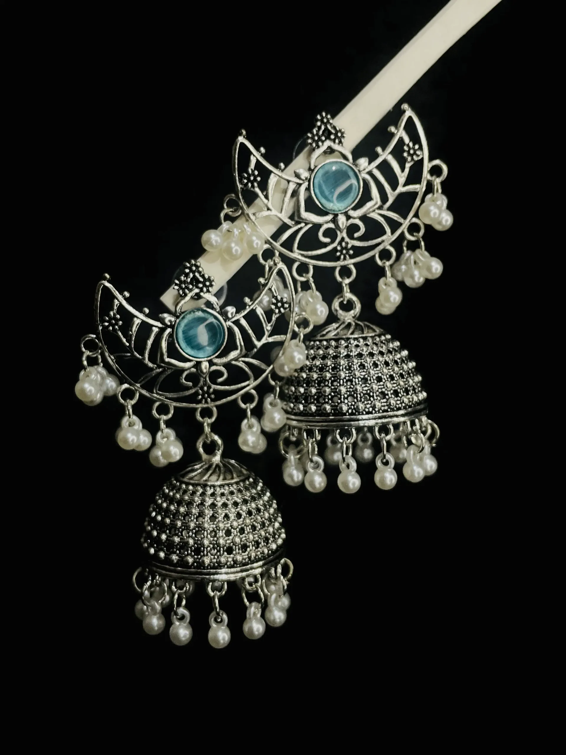 Oxidized Chandbali Jhumka with Pearl Drops