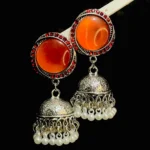 Red Orange Stone Pearl Antique Jhumka Earrings