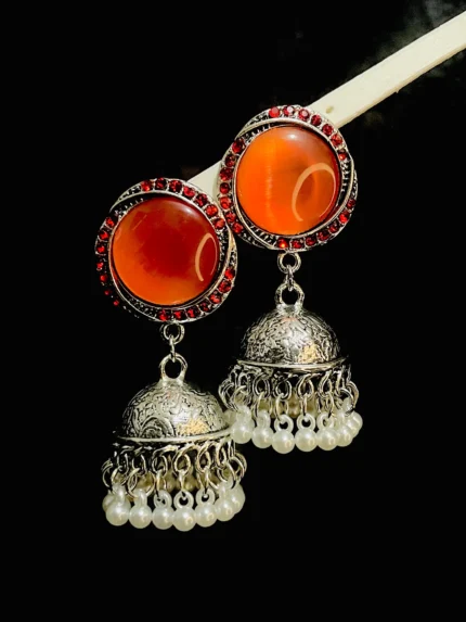 Red Orange Stone Pearl Antique Jhumka Earrings