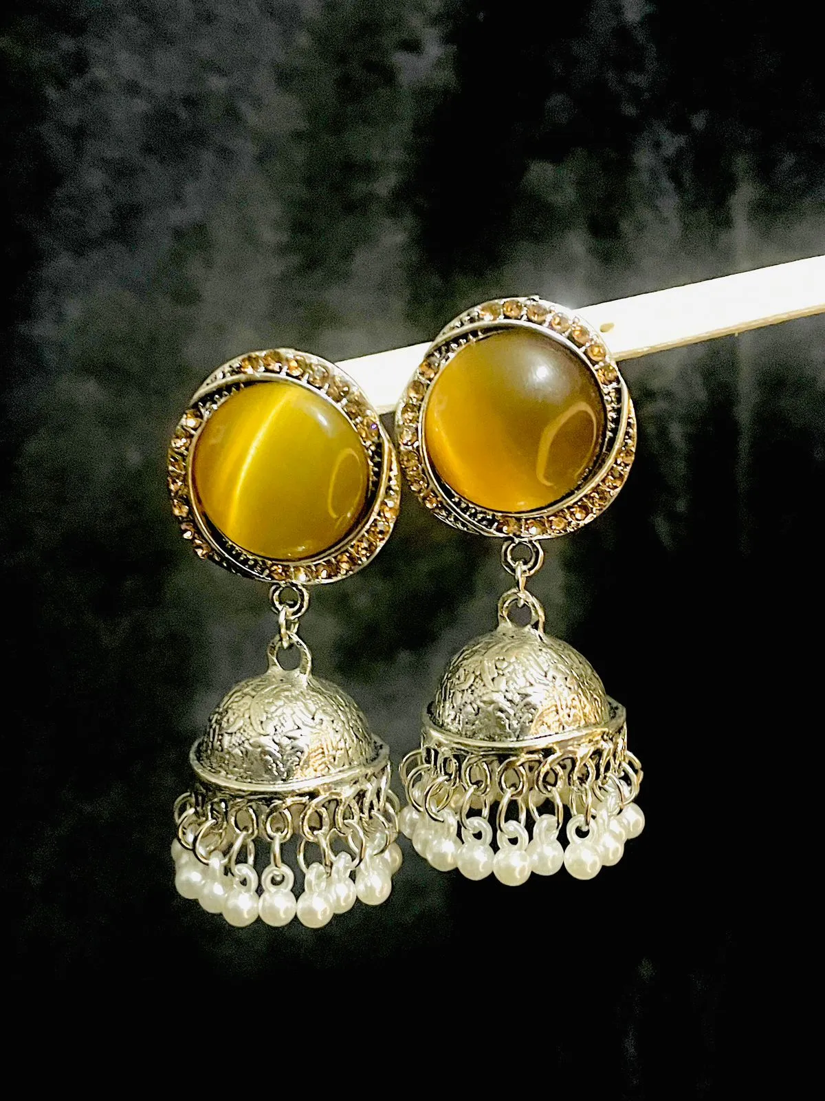 Amber Yellow Stone Antique Pearl Jhumka Earrings Amber Yellow Stone Antique Pearl Jhumka Earrings
