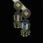 Antique Silver Multicolor Mirror Work Jhumka Earrings
