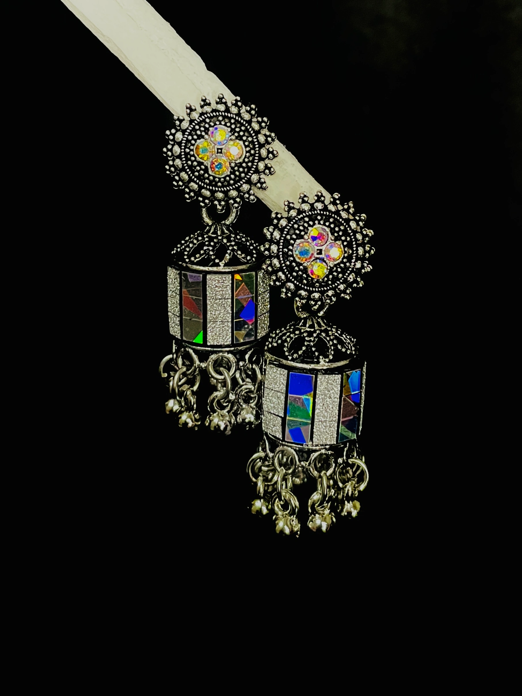 Antique Silver Multicolor Mirror Work Jhumka Earrings