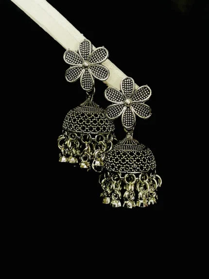 Oxidized Silver Flower Jhumka Earrings