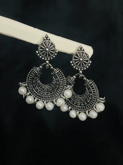 Oxidized Silver Chandbali Pearl Earrings