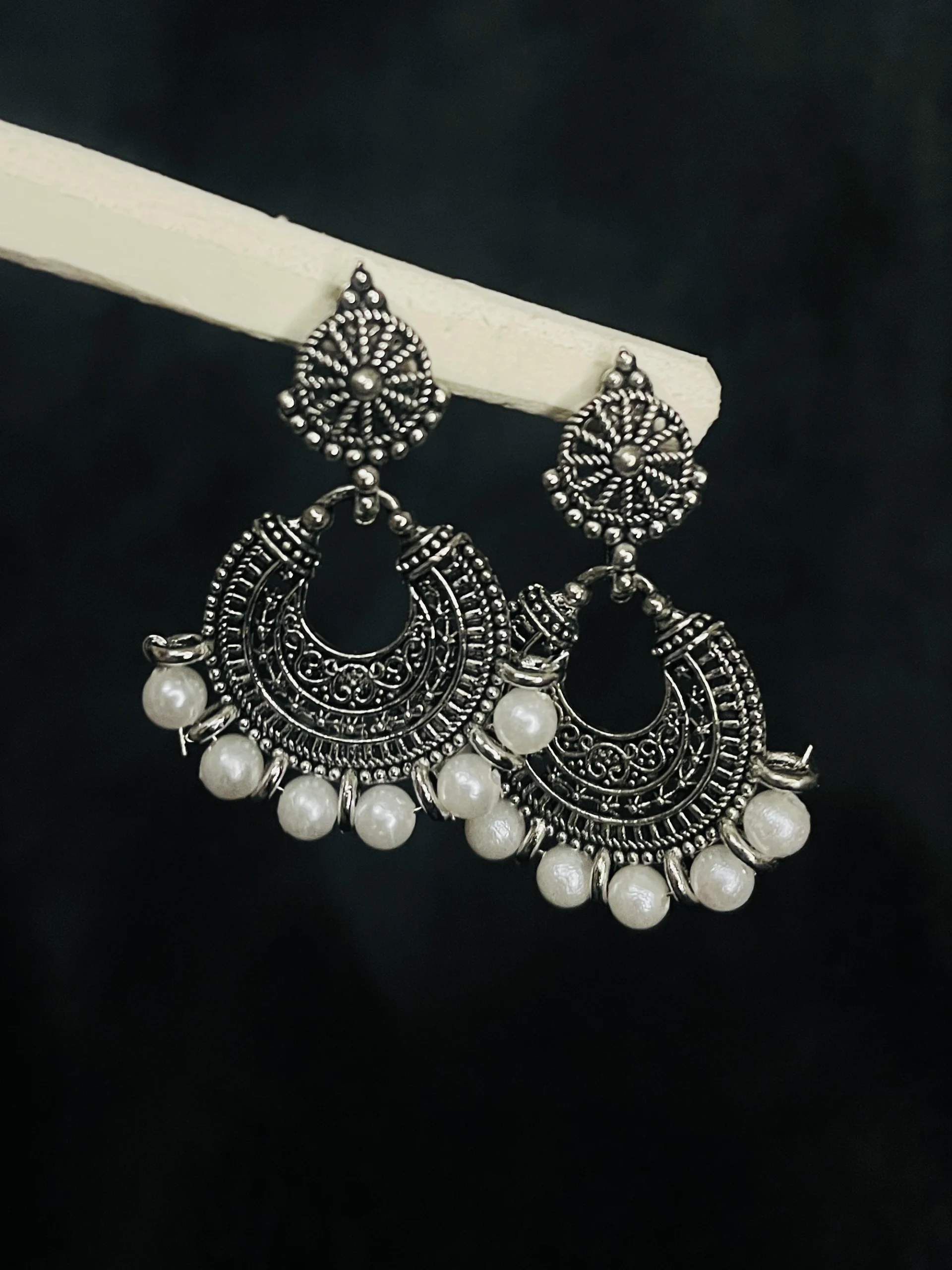 Oxidized Silver Chandbali Pearl Earrings