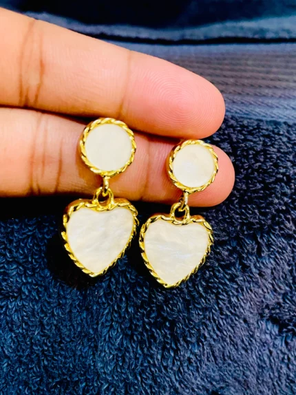 White Heart Stone Gold Finish Earrings