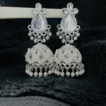 White Stone Pearl Jhumka Earrings (Silver Finish)
