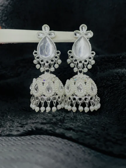 White Stone Pearl Jhumka Earrings (Silver Finish)