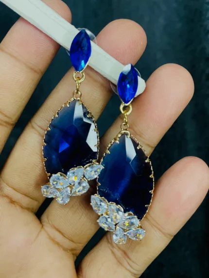 Blue Crystal Drop Earrings (Gold Finish)