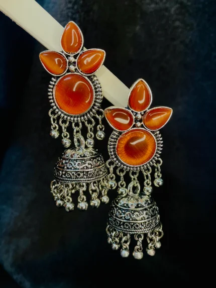 Red Stone Antique Jhumka Earrings