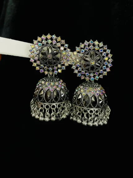 Antique Silver Multicolor Crystal Heavy Jhumka Earrings