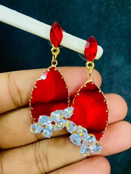 Red Crystal Drop Earrings (Gold Finish)